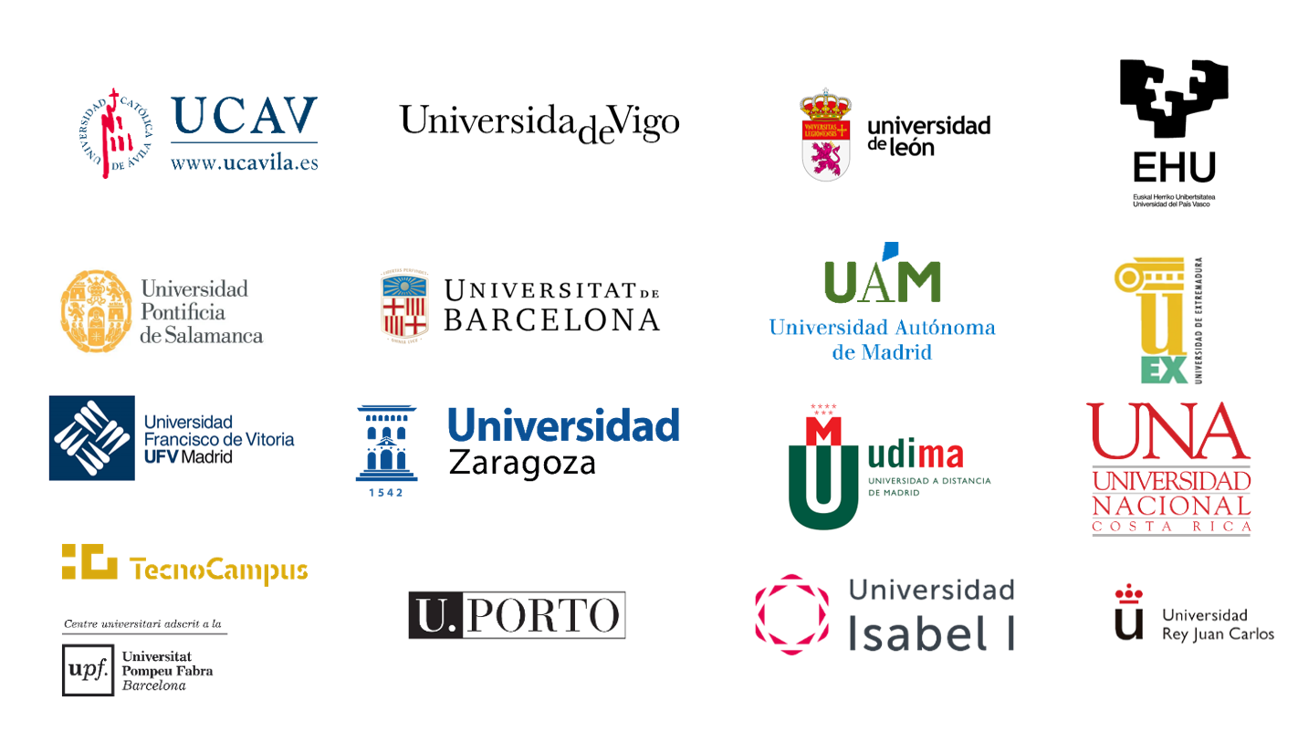 Universidades: UCAV, Vigo, León, UPV/EHU, UPSA, Barcelona, UAM, UEX, UFV, Zaragoza, UDIMA, UNA, TecnoCampus, Porto, Isabel I y URJC